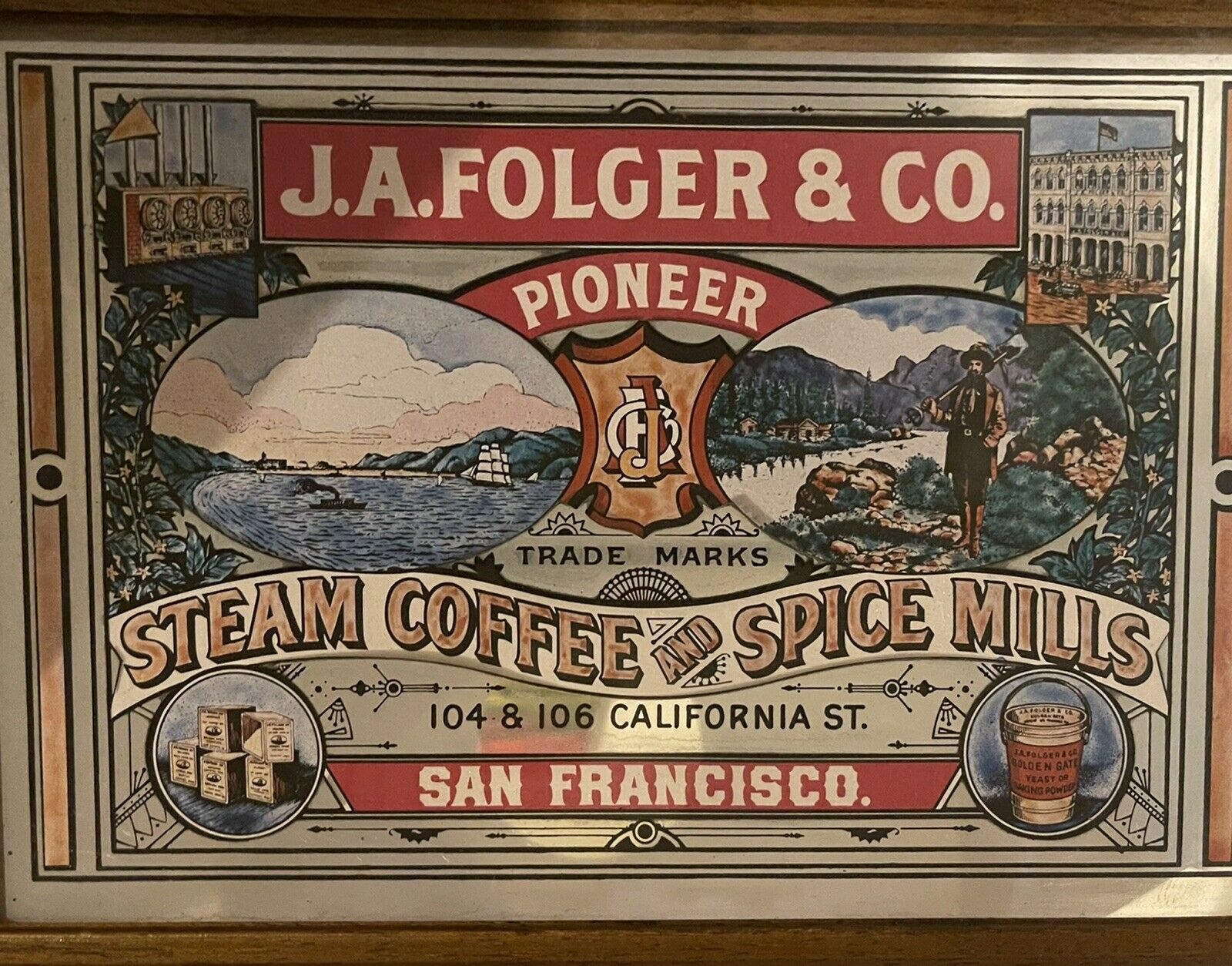 Vintage JA Folgers & CO Steam Coffee Spice Mill Pub Mirror, San Francisco