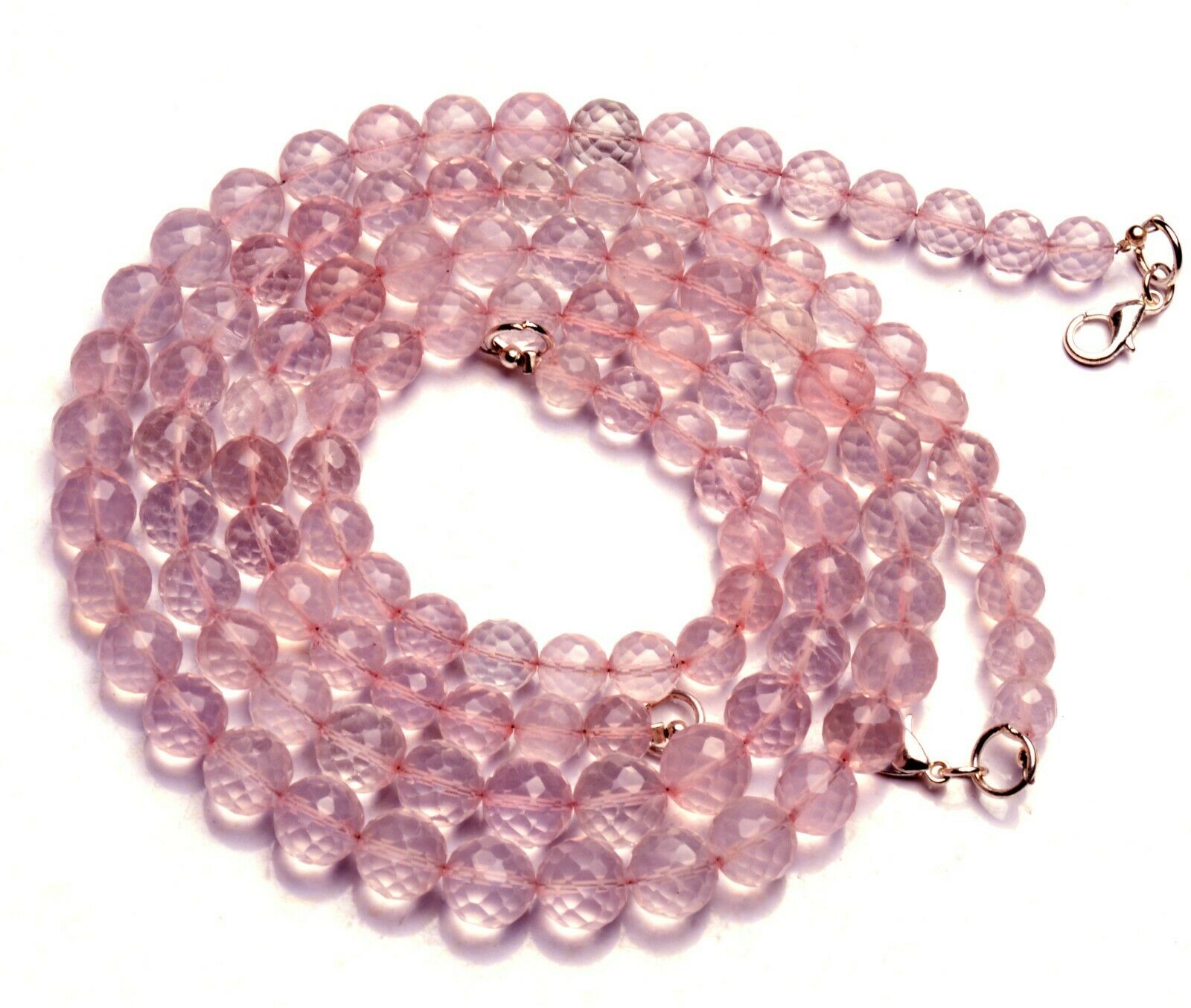 Natural Gem Rose Quartz 7 to 9MM Size Faceted Round Shape Beads Necklace 17