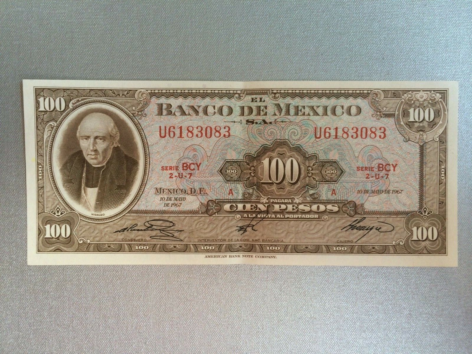 100 PESO MEXICO BANKNOTE 1967 CIR HIDALGO SERIE BCY 83 MEXICO