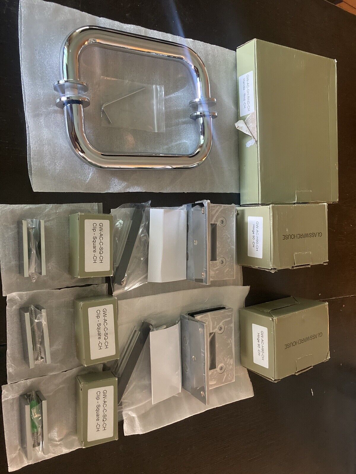 Glass Warehouse Shower Door Kit 3 Clips 2 Hinges And Round Handle New In Box