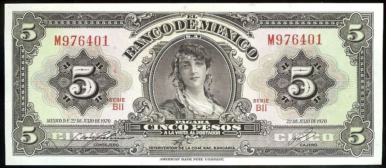 Mexico P-60k Banco de Mexico 5 Pesos BII-M, 22.7.1970  UNC