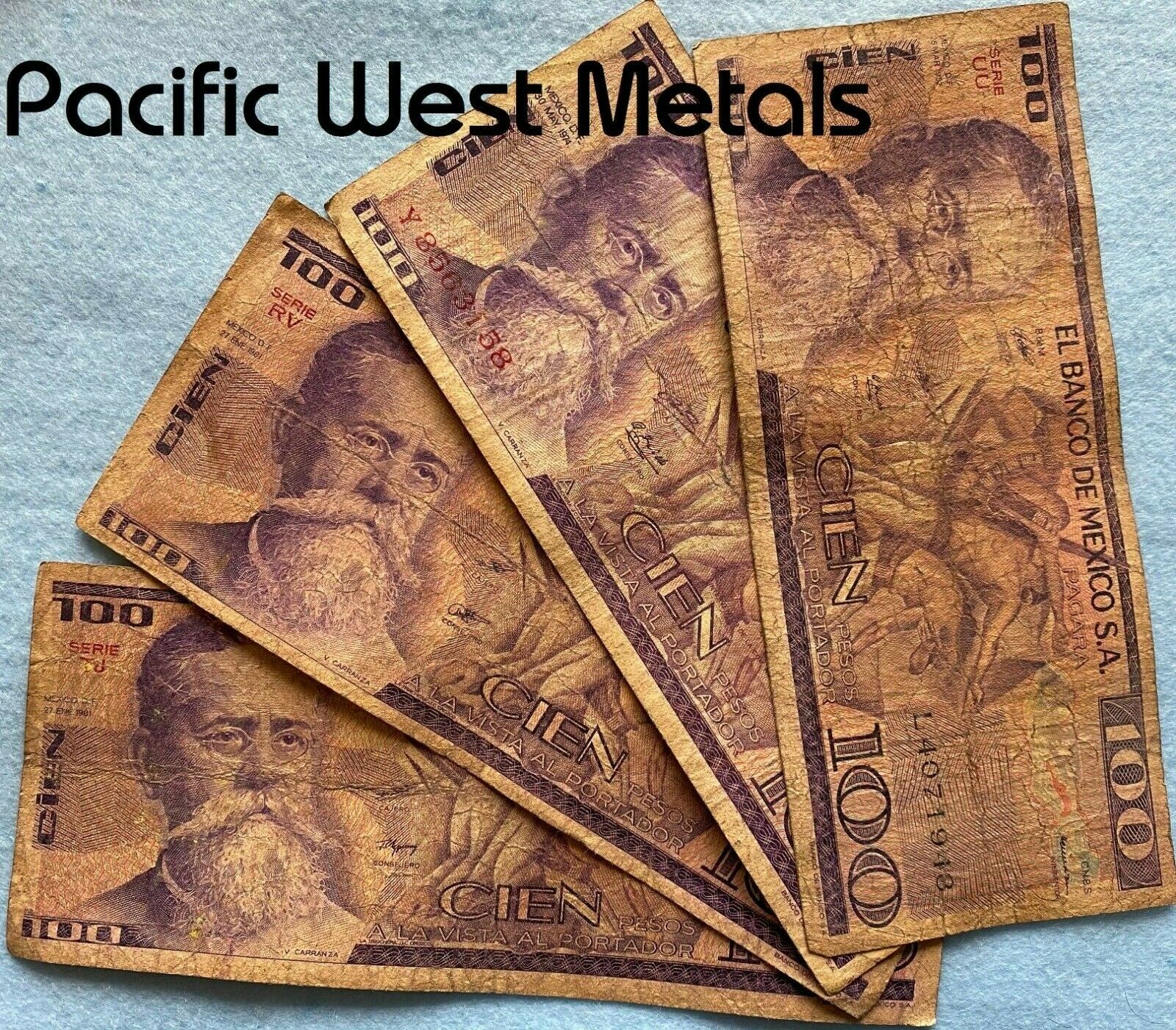 Lot Of 4 Circulated Mexico Banknote Cien 100 Pesos Paper Money Mexican Bills