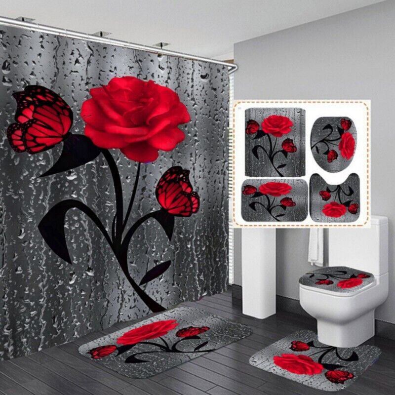 4pcs/set 3d Digital Rose Printed Shower Curtain Bathroom Base Mat Toilet Mat