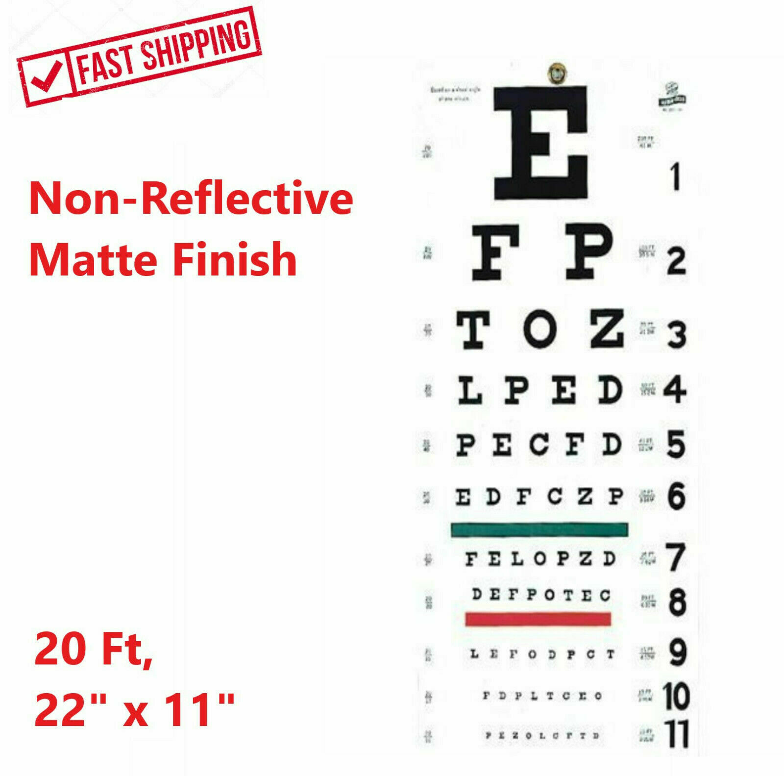 Full Size Illeterate Snellen 22" X 11" Plastic Eye Chart Eye Test Wall, Washable