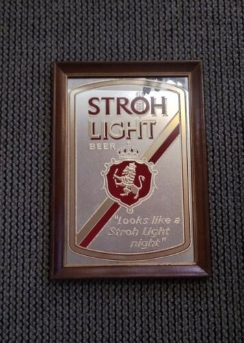 Vtg Stroh Light Beer Mirrored Sign W/ Wood Frame