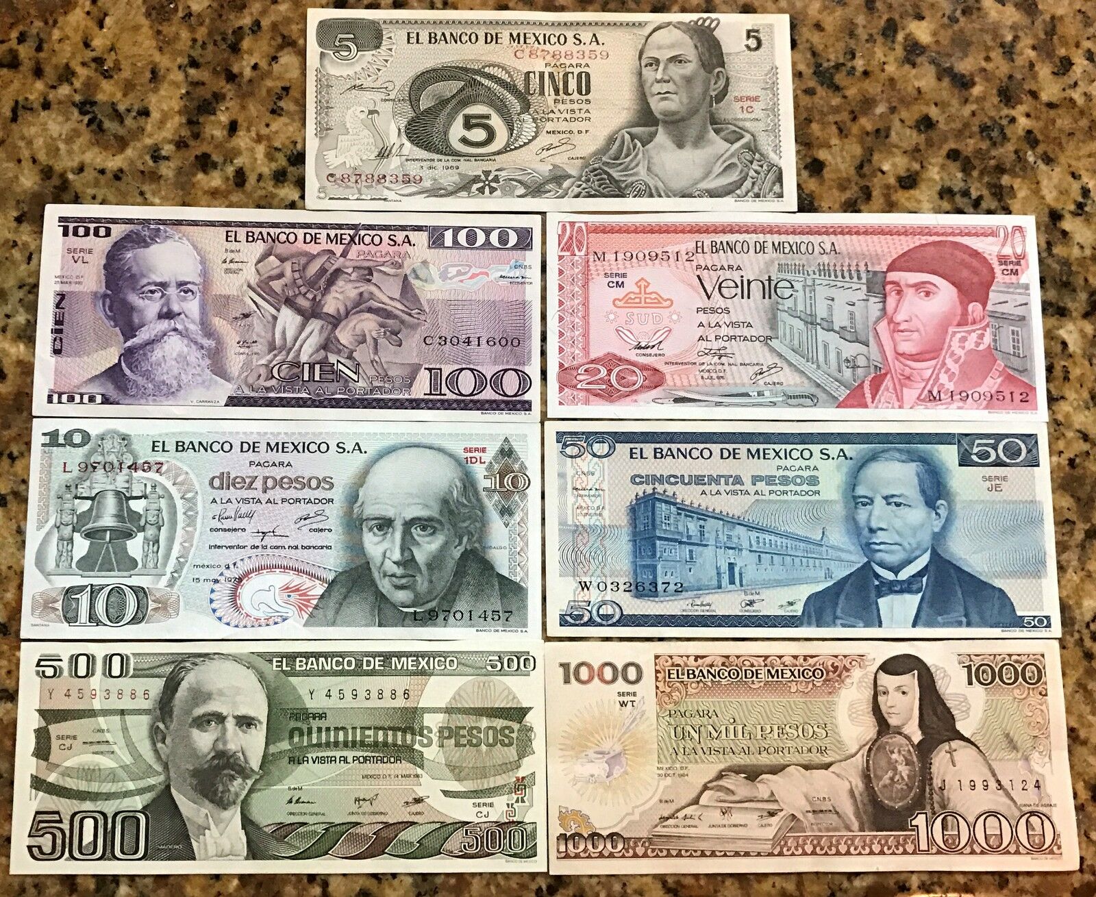 Uncirculated Mexico Set 7 Banknotes Lot 70's 80's 5 10 20 50 100 500 1000 Pesos